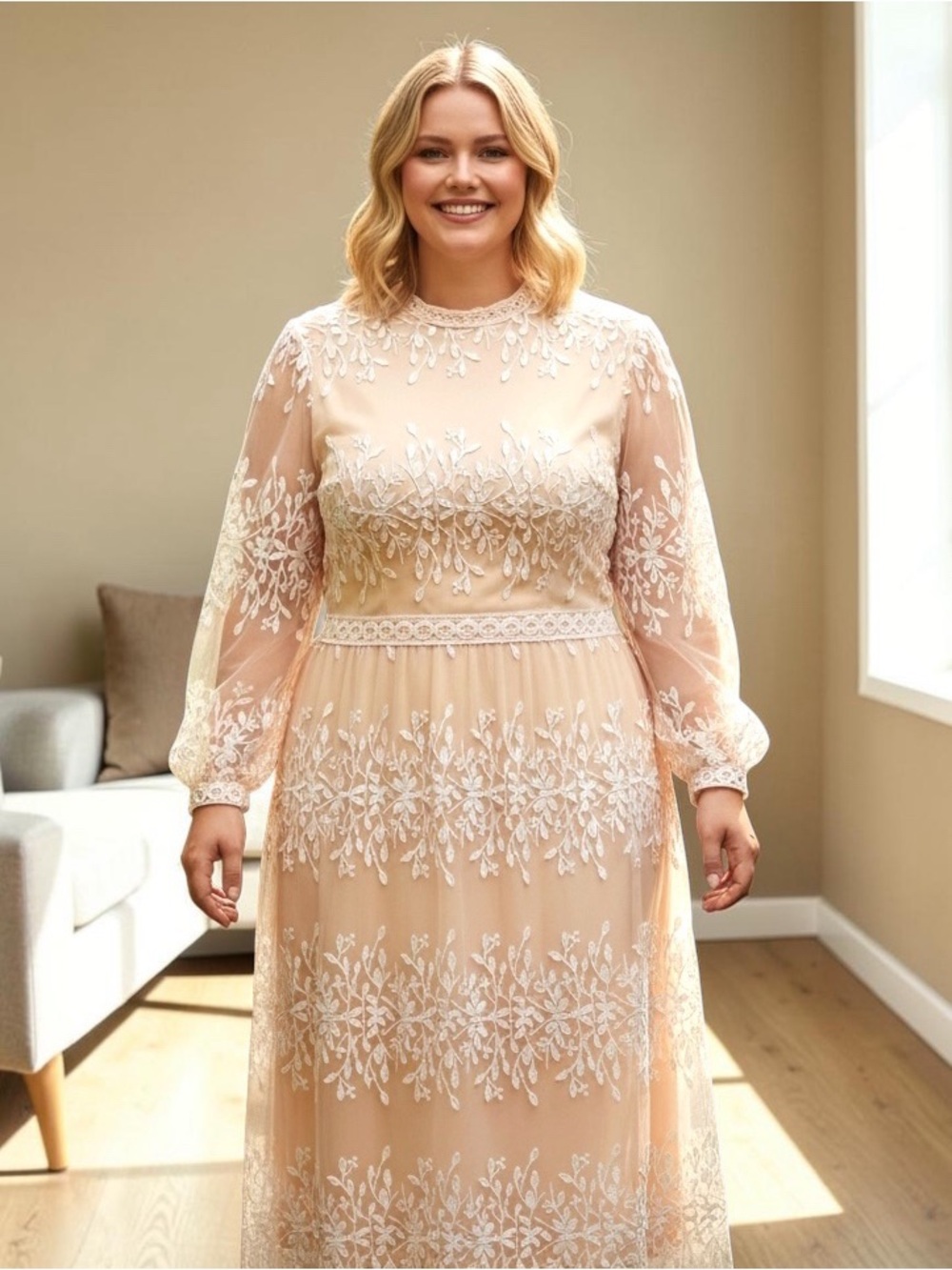 Elegant Light Blush Maxi Dress with White Embroidery/Lace, SZ 1X/2X